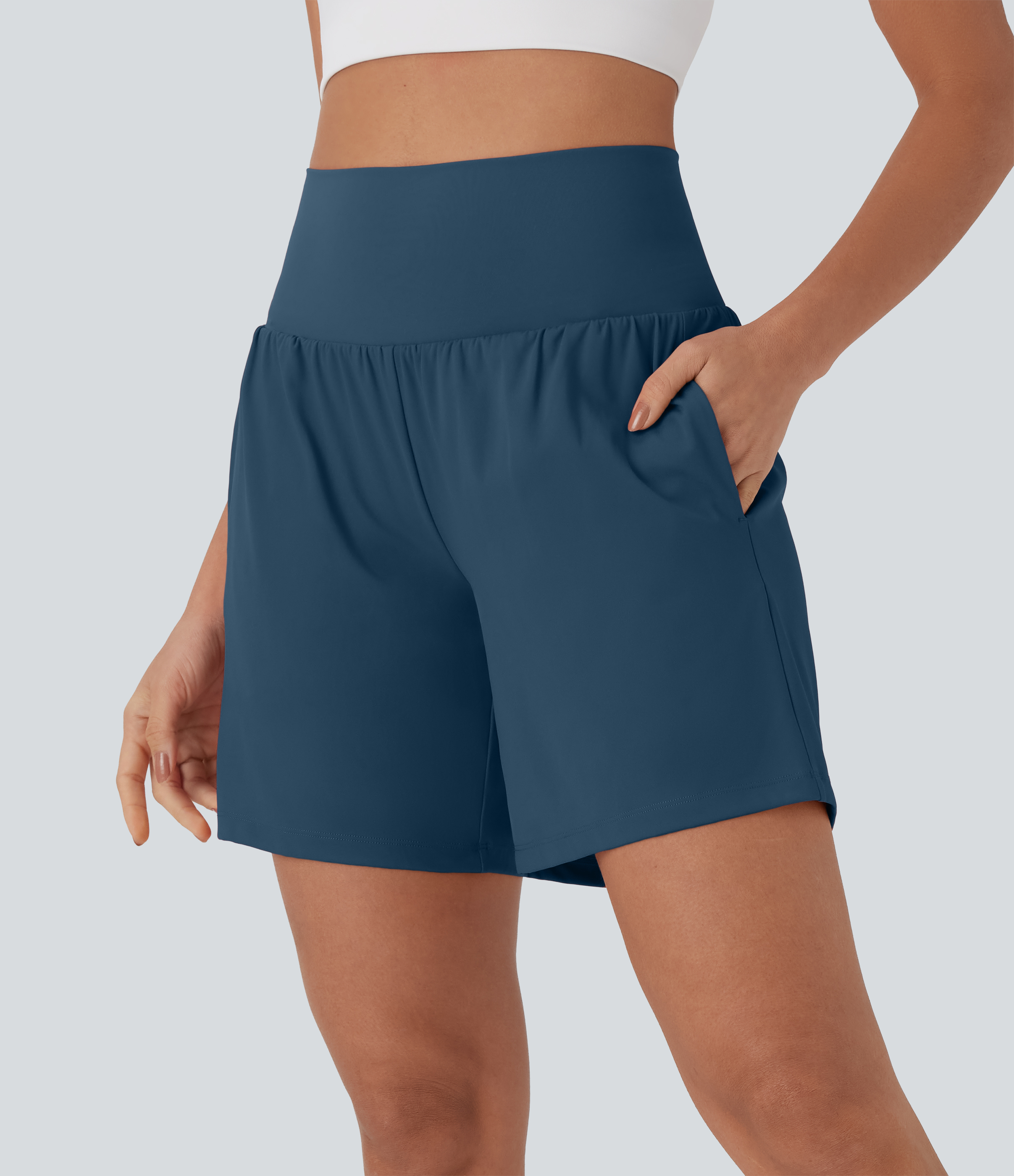 "Softlyzero™ Airy Super High Waisted 2-in-1 Cool Touch Yoga Shorts 7"" with Pockets Gym Short - Majolica Blue