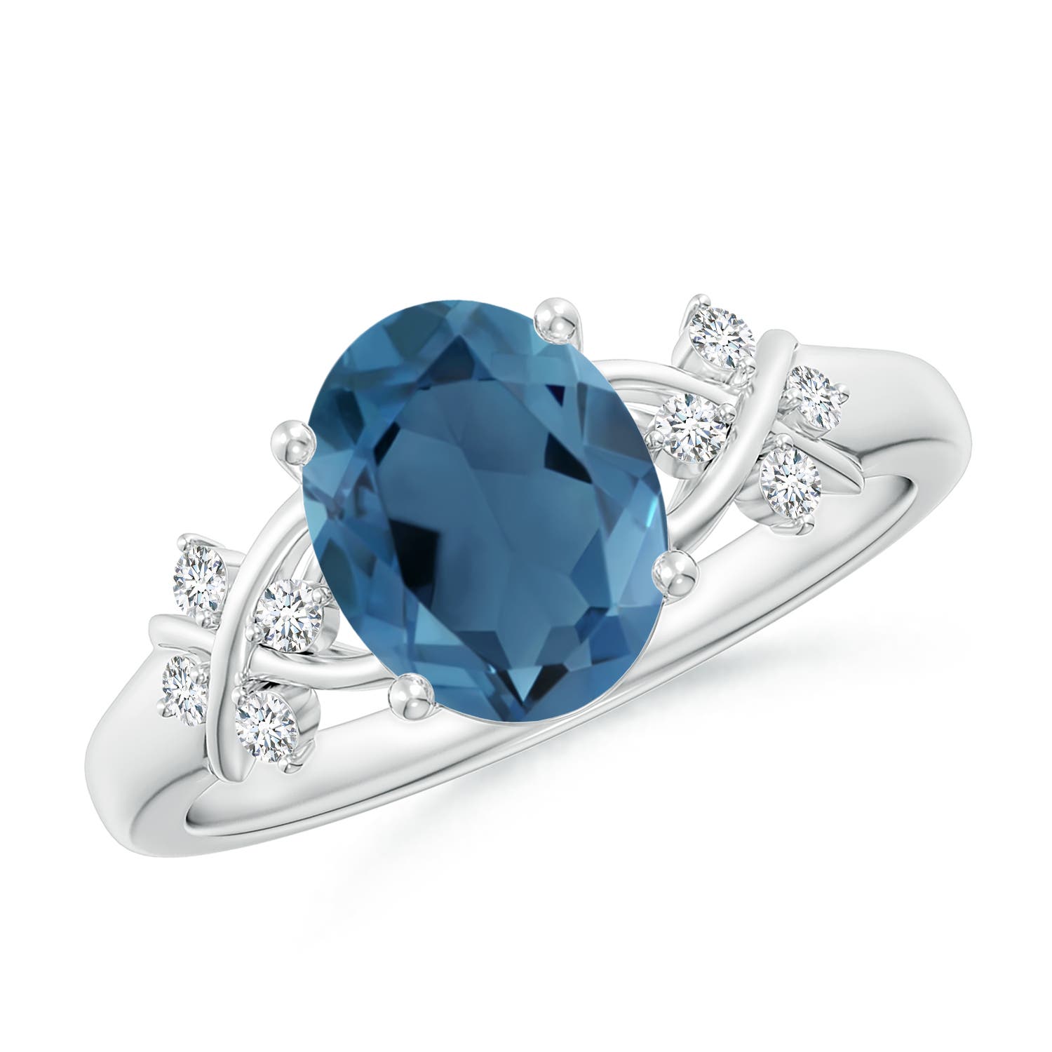 Angara 2.25 Carats Oval London Blue Topaz Criss Cross Ring with Diamonds in Platinum
