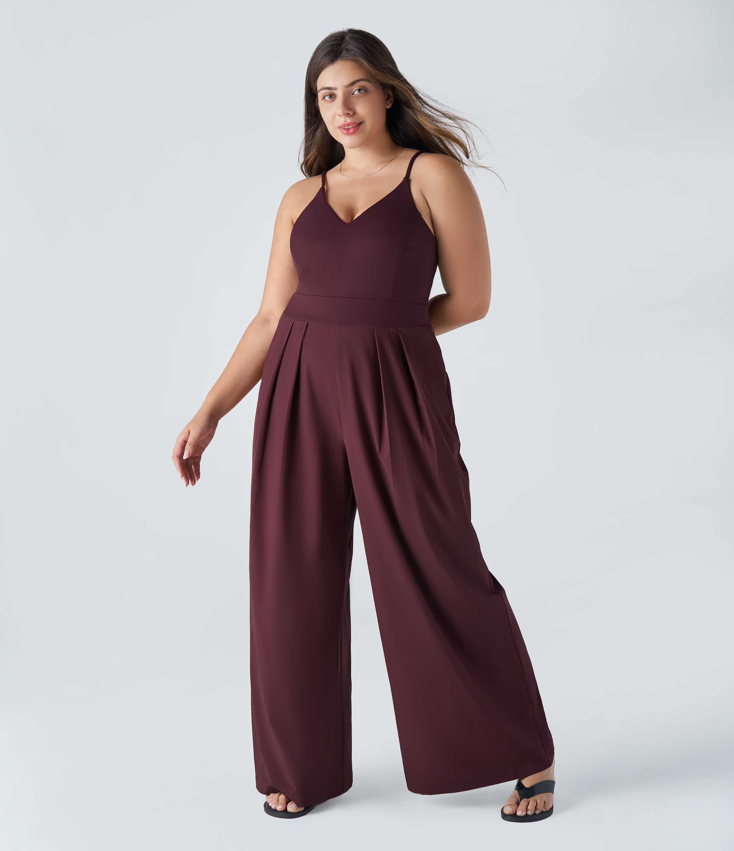 Breezeful™ Pocket Wide Leg Quick Dry Slip Plus Size Jumpsuit  - Amaranth