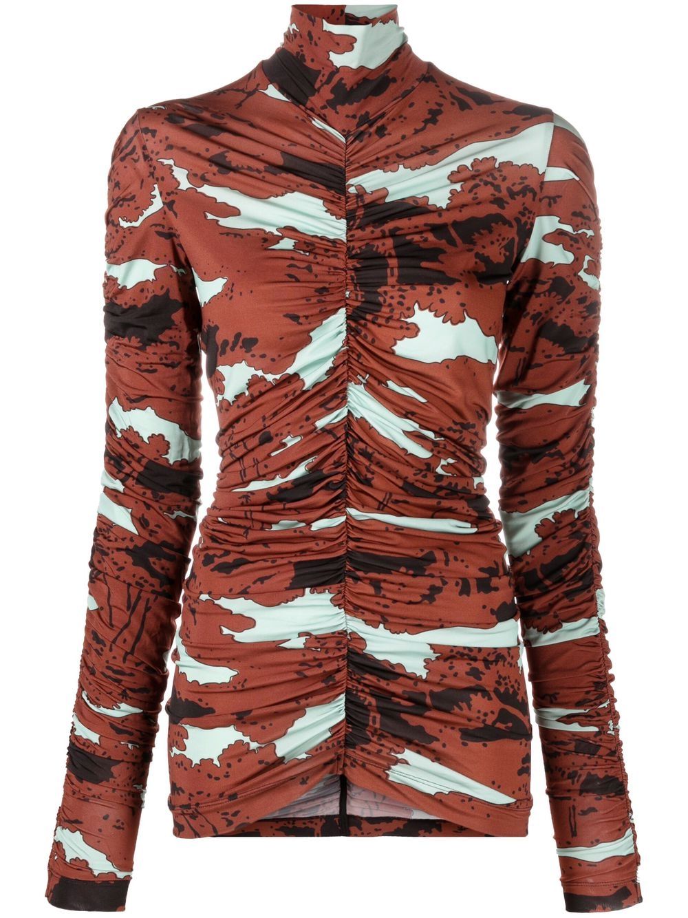Abstract-print ruched roll-neck top - Blue
