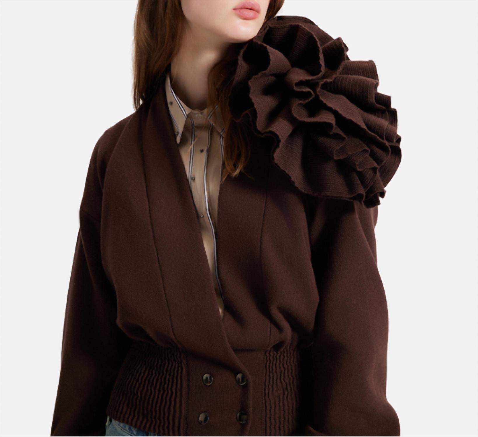 Nomia Ribbed Waist Rosette Cardigan Top In Koffee