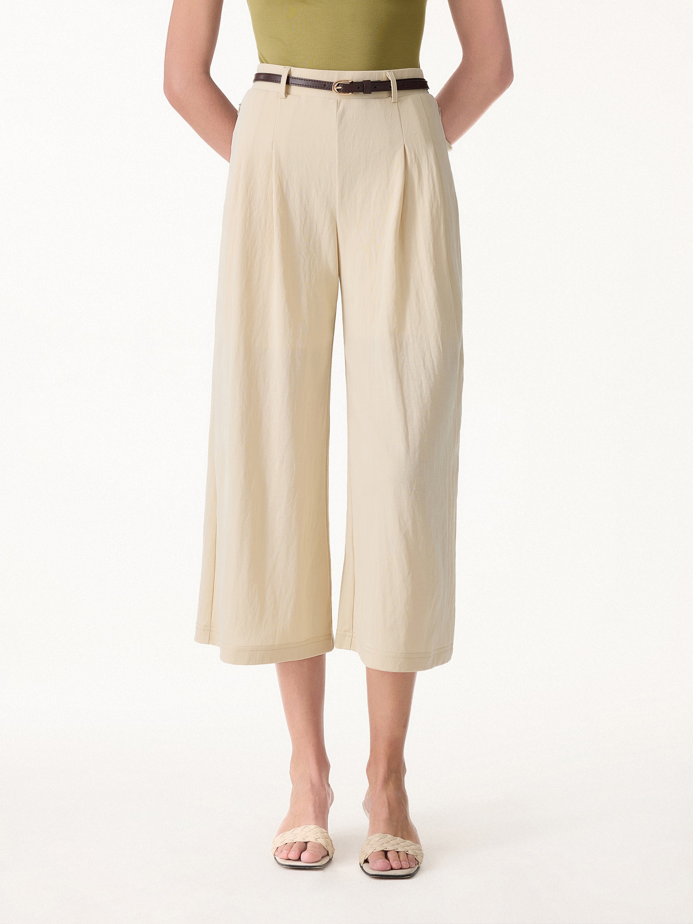 Wrinkle-Resistant Linen-Like Cropped Wide Leg Pants - Regular / Ash Ivory