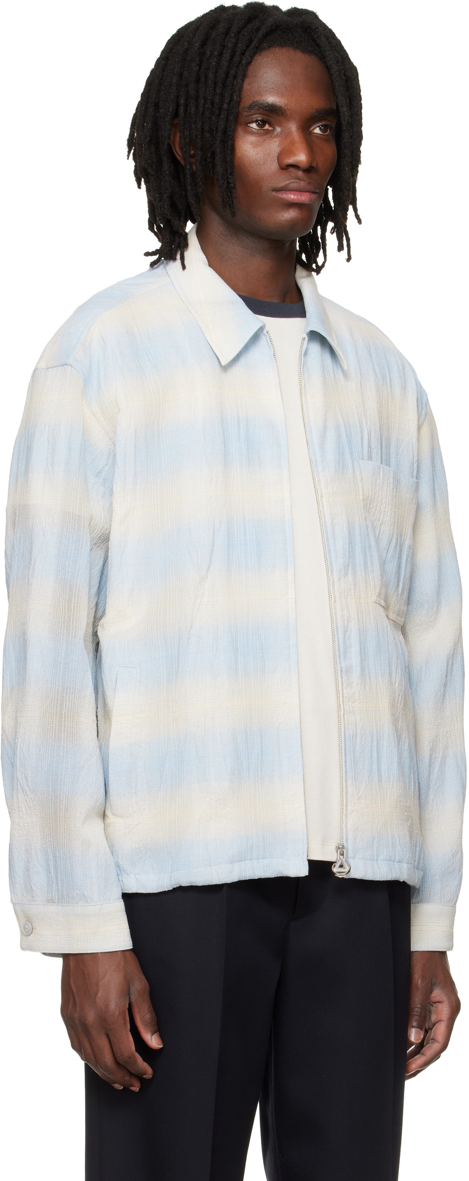Blue & Beige Striped Zip-Up Shirt