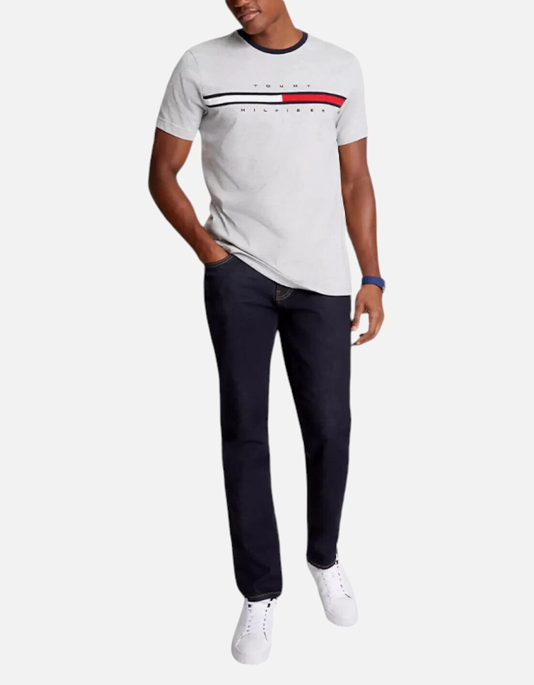 Men's Tommy Hilfiger Mens T Shirts Crew Neck Signature Stripe Summer Cotton Tino Tee - Grey