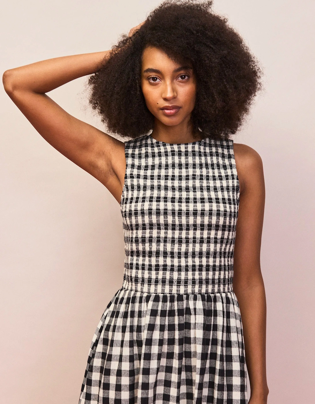 RO&ZO Women's Mono Gingham Cotton and Linen-Blend Shirred Midi Dress - Black