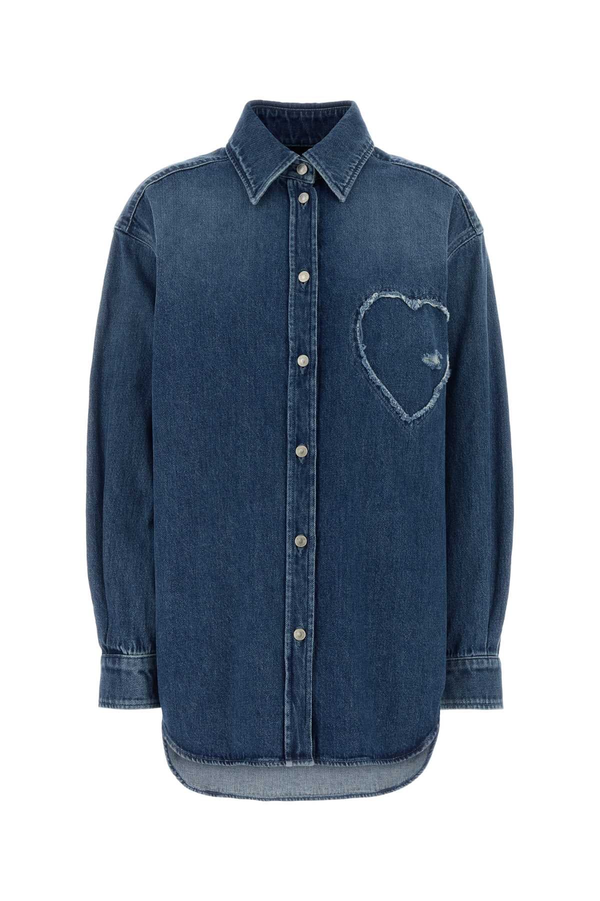 Heart-Embroidered Denim Shirt — Blue