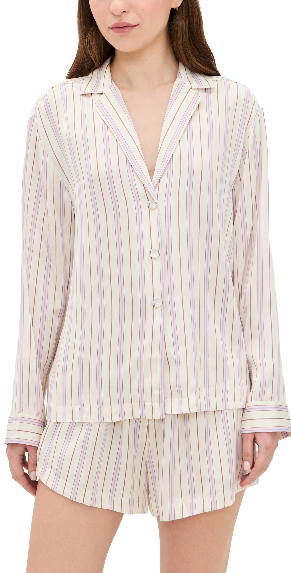 Washable Silk Button Up Short Set Wisteria Stripe