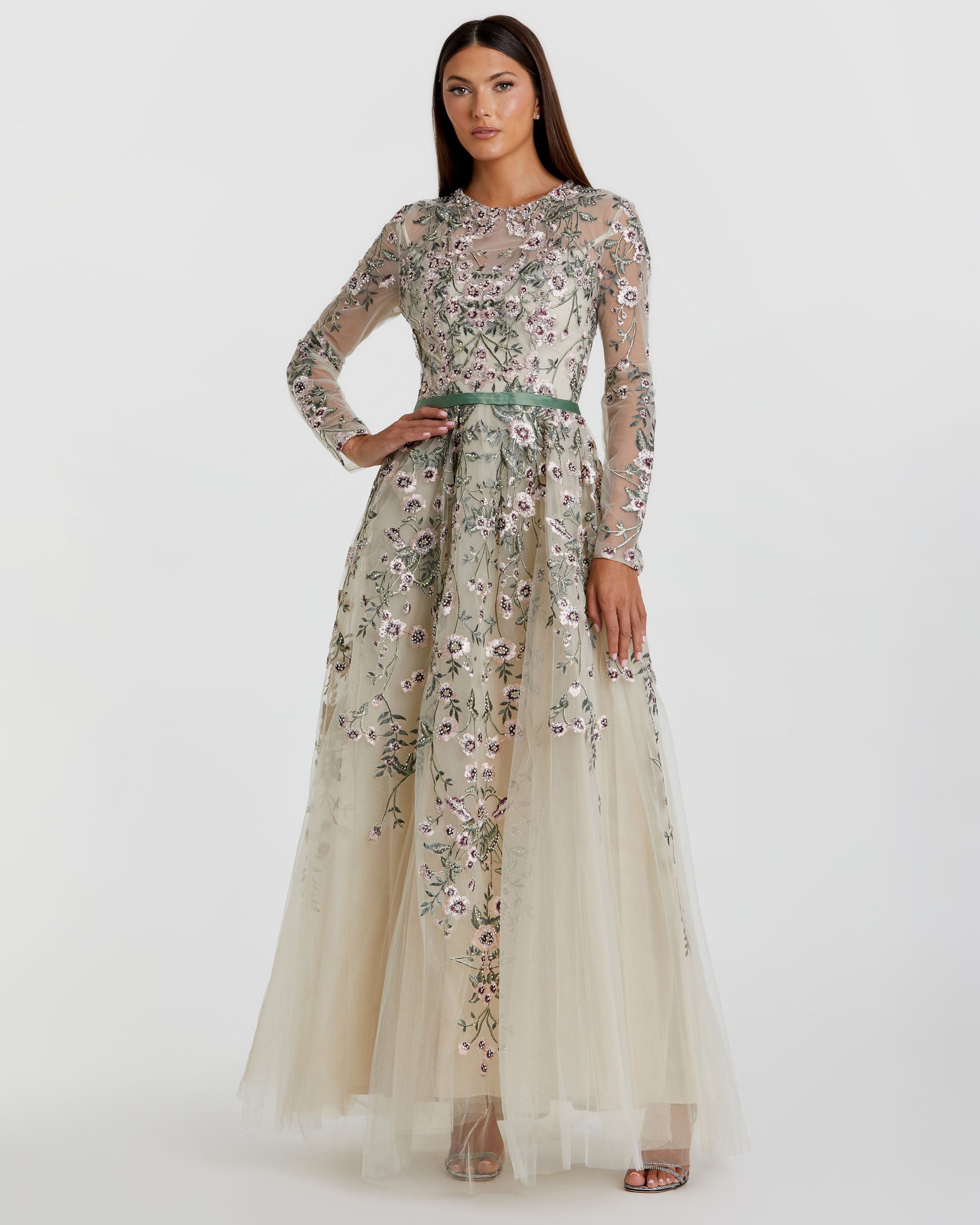 Long Sleeve Floral Embellished Maxi Gown In Sage Green Multi