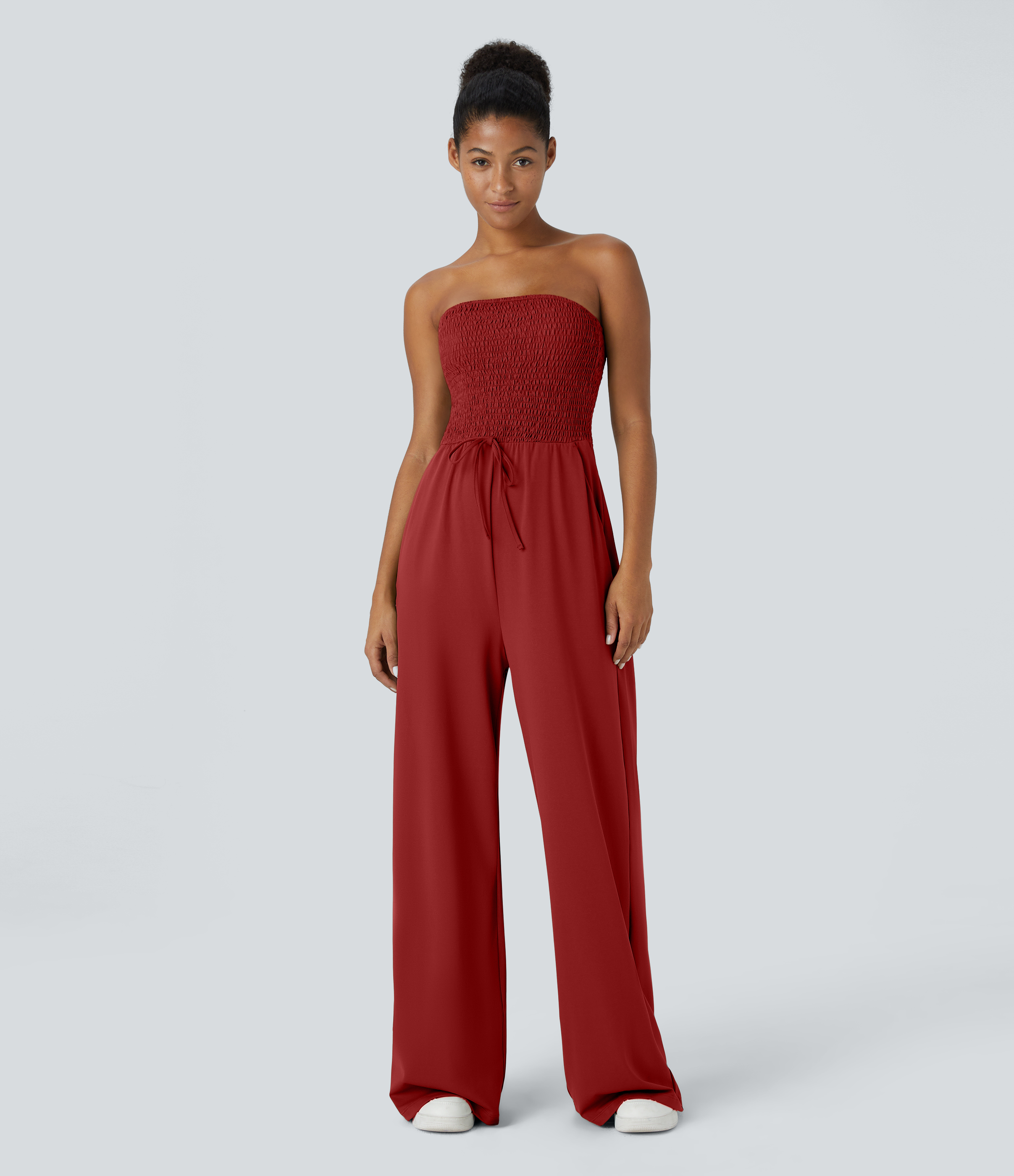 Tube Shirred Knot Pocket Wide Leg Casual Jumpsuit  - Emboldened