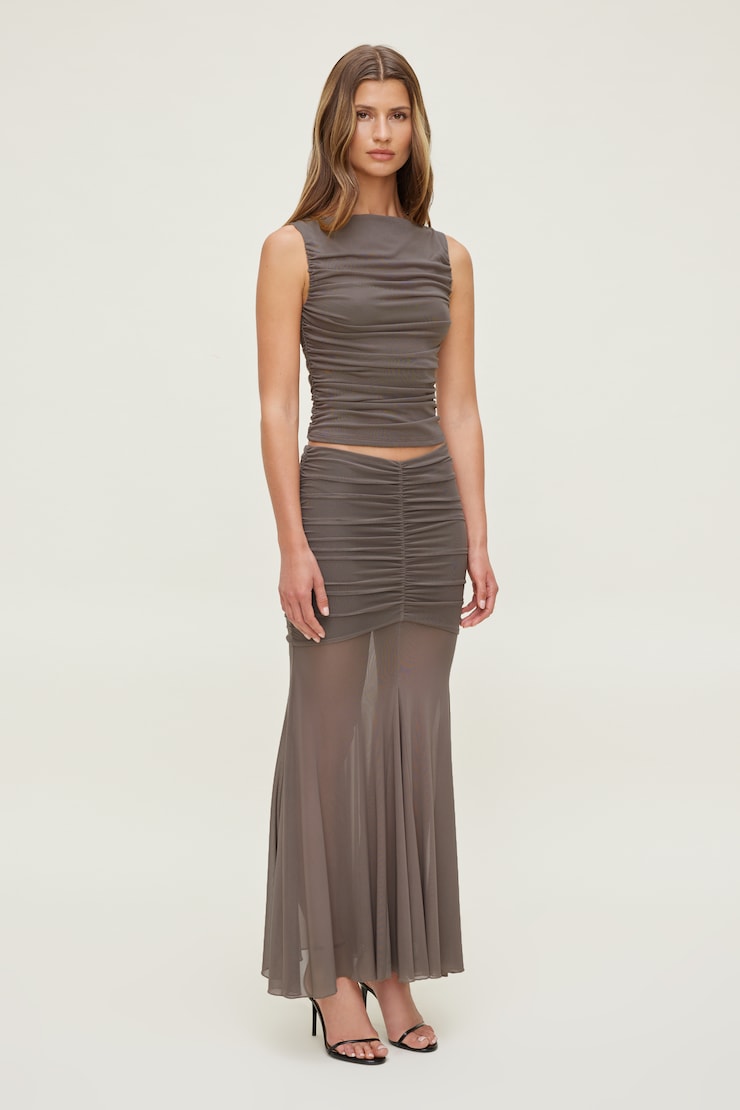Ruched Mesh Maxi Skirt - Brown - Women Clothing