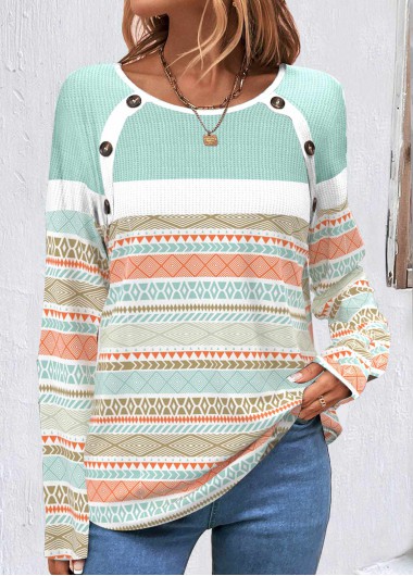 Modlily Multi Color Patchwork Tribal Print Long Sleeve Sweatshirt