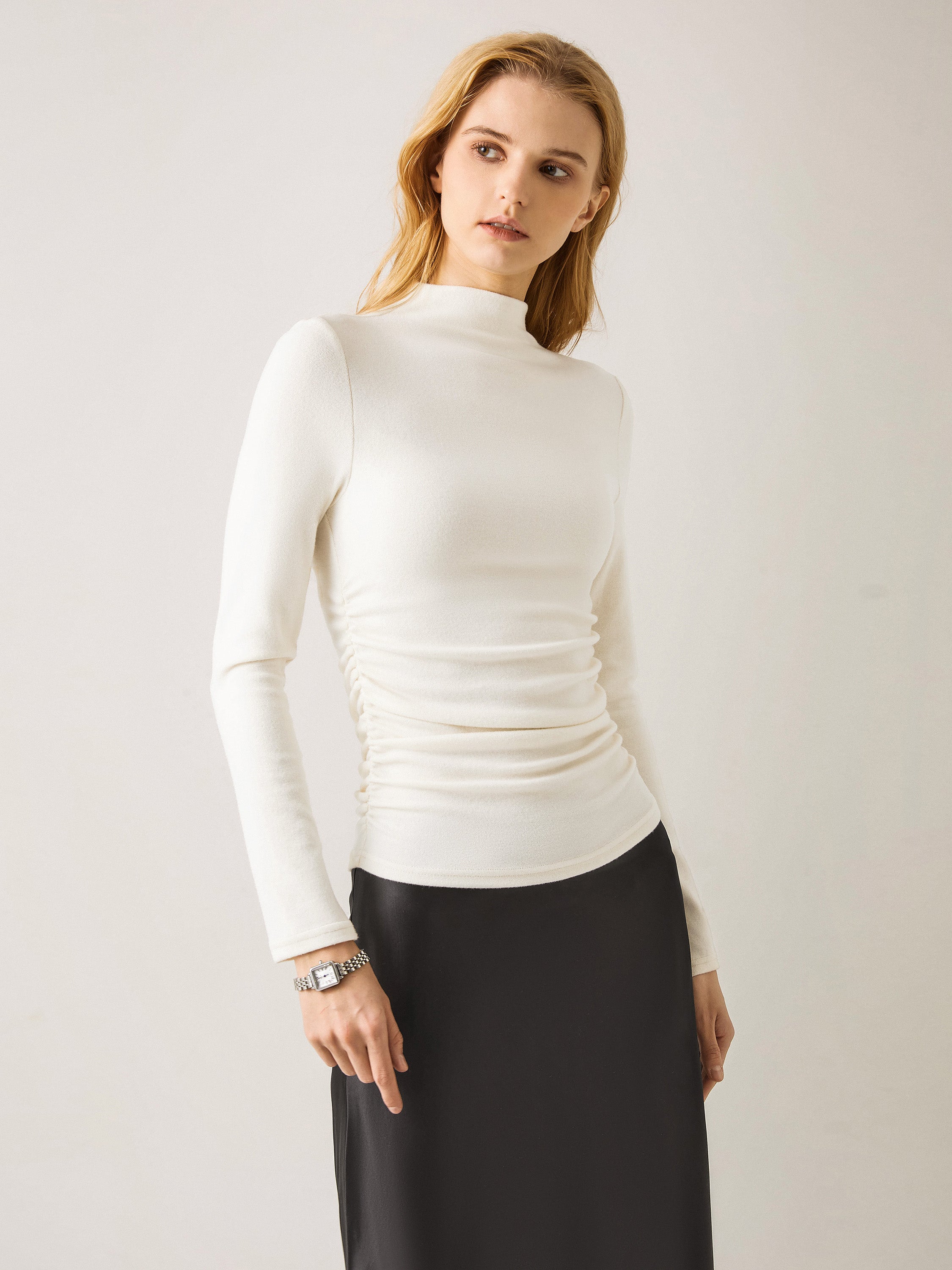 Thermal Ruched Sides Tuckable Mockneck Top - Off White