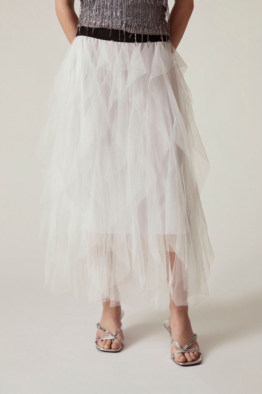James Lakeland Women's White Tulle Ruffle Midi Skirt