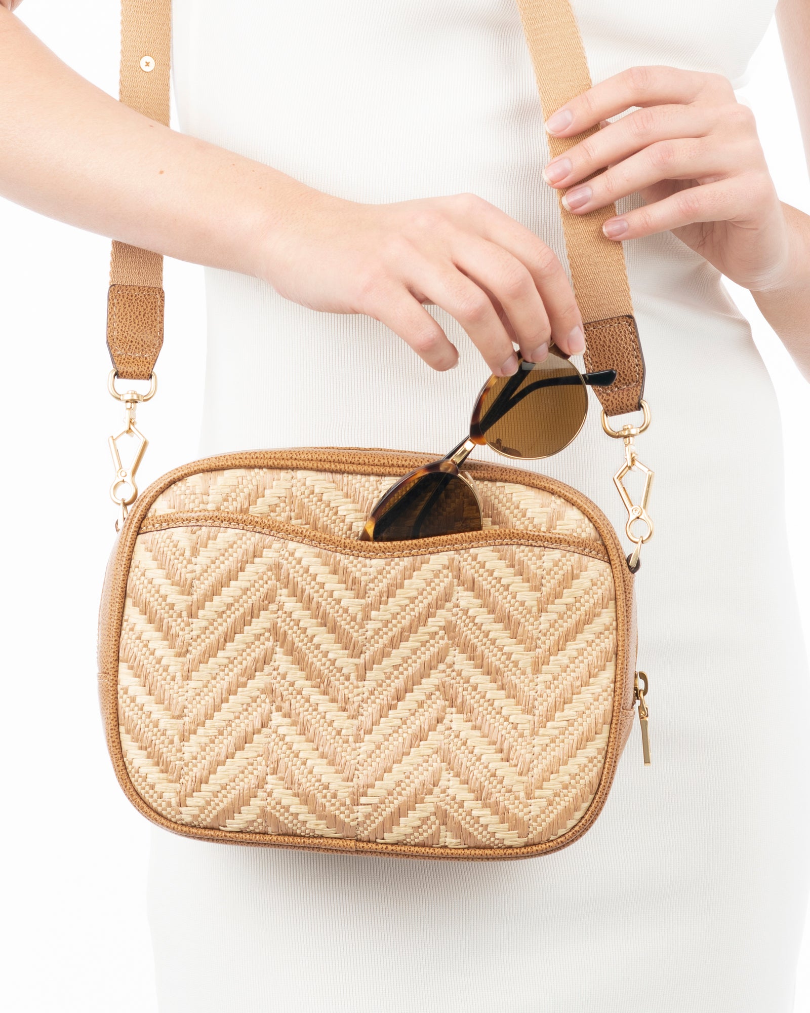 Peanut Calf Leather Zip Pouch for Women - Woven Raffia, Adjustable Strap, Dual Pockets