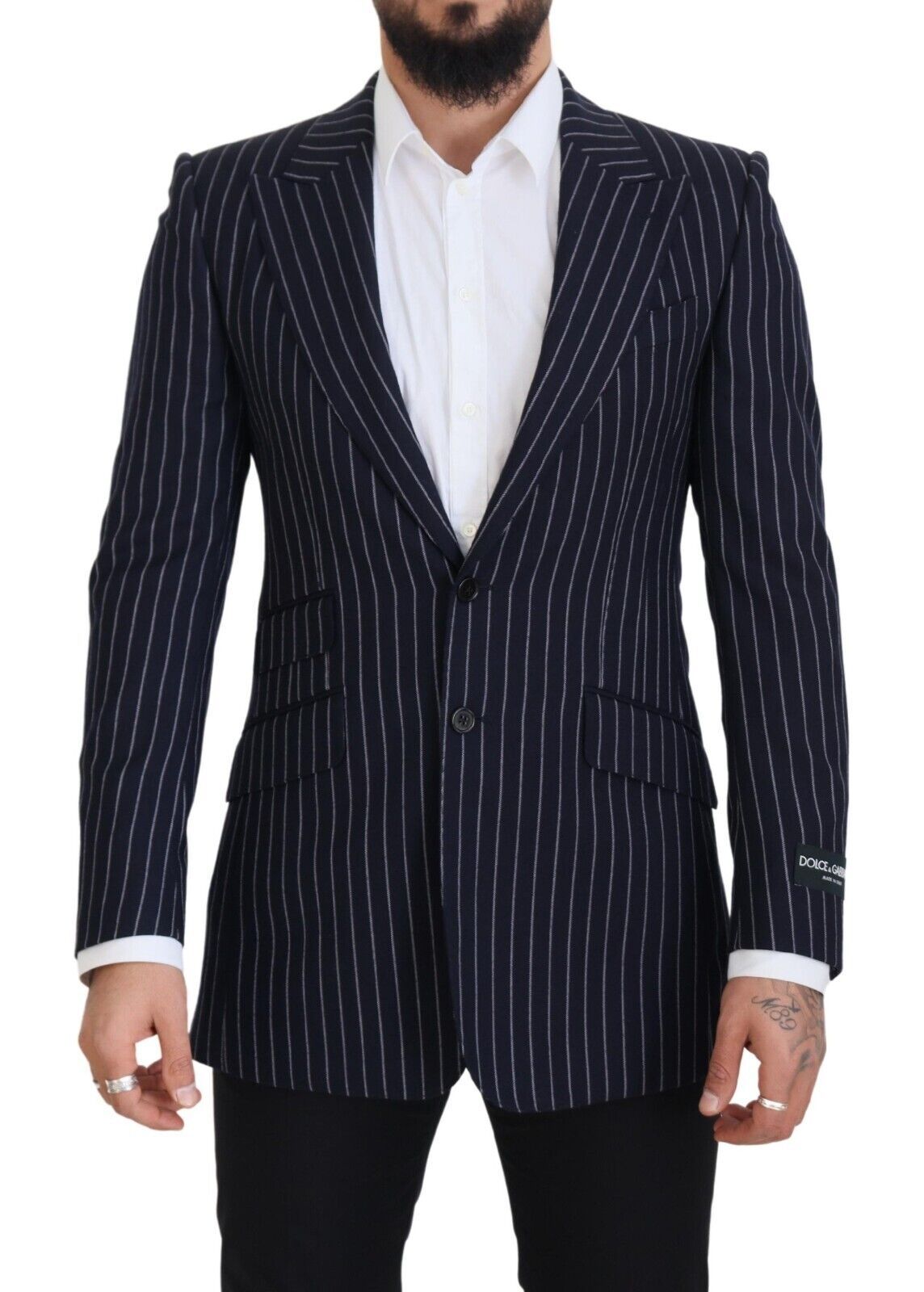 Pinstriped Virgin Wool Blazer — Navy