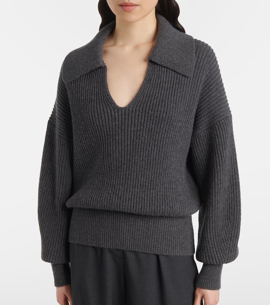 Ribbed-knit wool-blend polo sweater