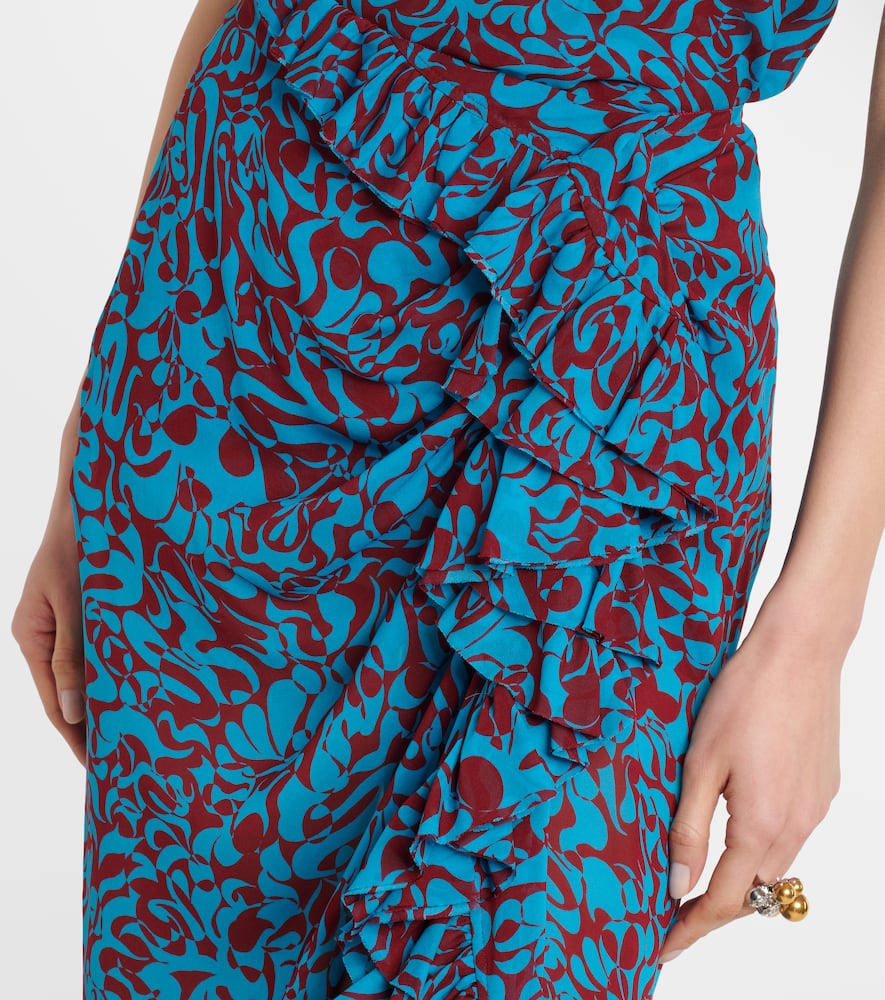 Printed draped ruffled midi skirt
