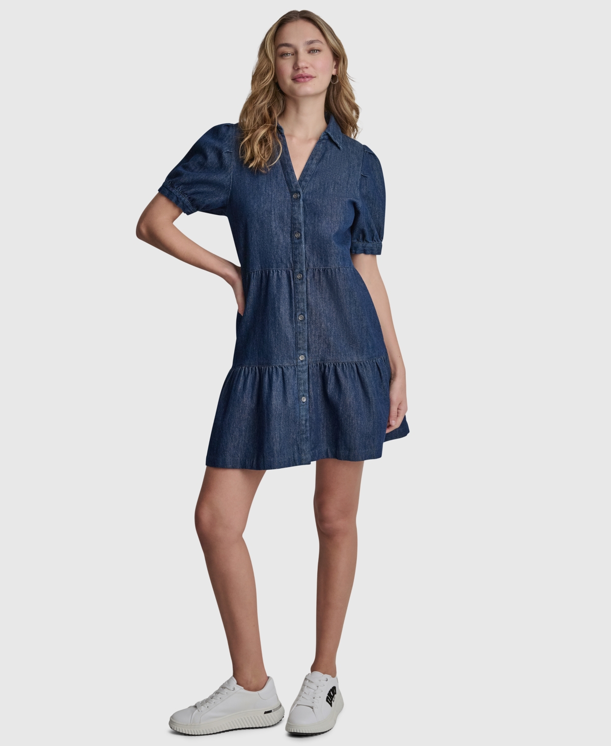 Women's Tiered Puff-Sleeve Collared Denim Cotton Mini Shirt Dress - Carmine Wash
