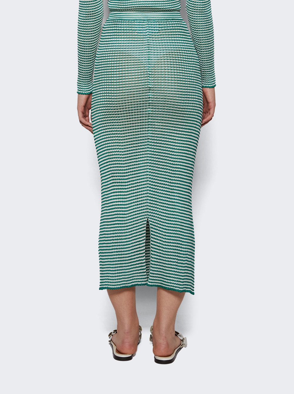 Micro-striped ribbed midi skirt - Green