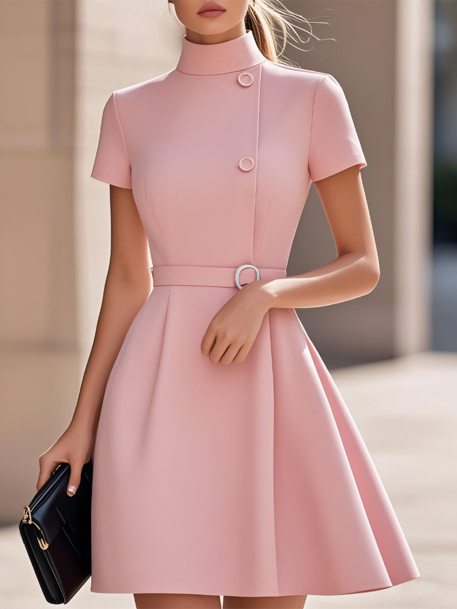 Elegant Black High-Neck Dress with Belted Waist - Pink