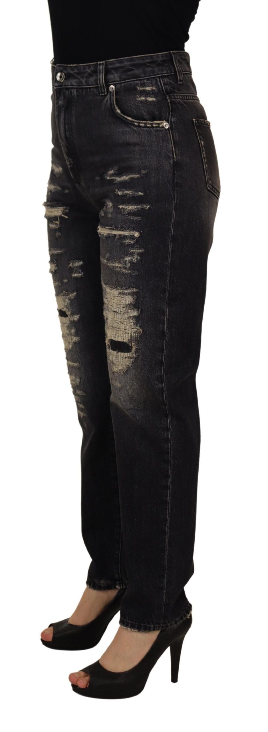 Distressed High-Waist Denim Jeans — Black