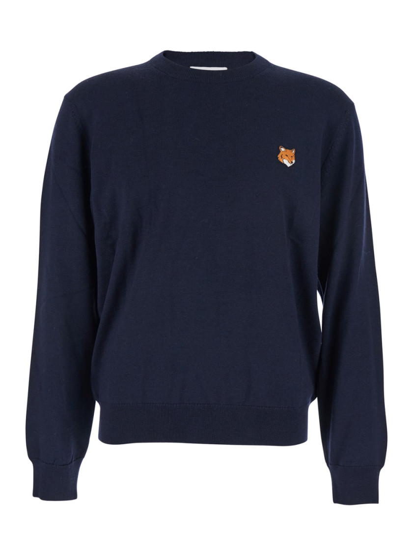 Blue Crew Neck Sweater With Fox Patch On The Front In Wool Man
