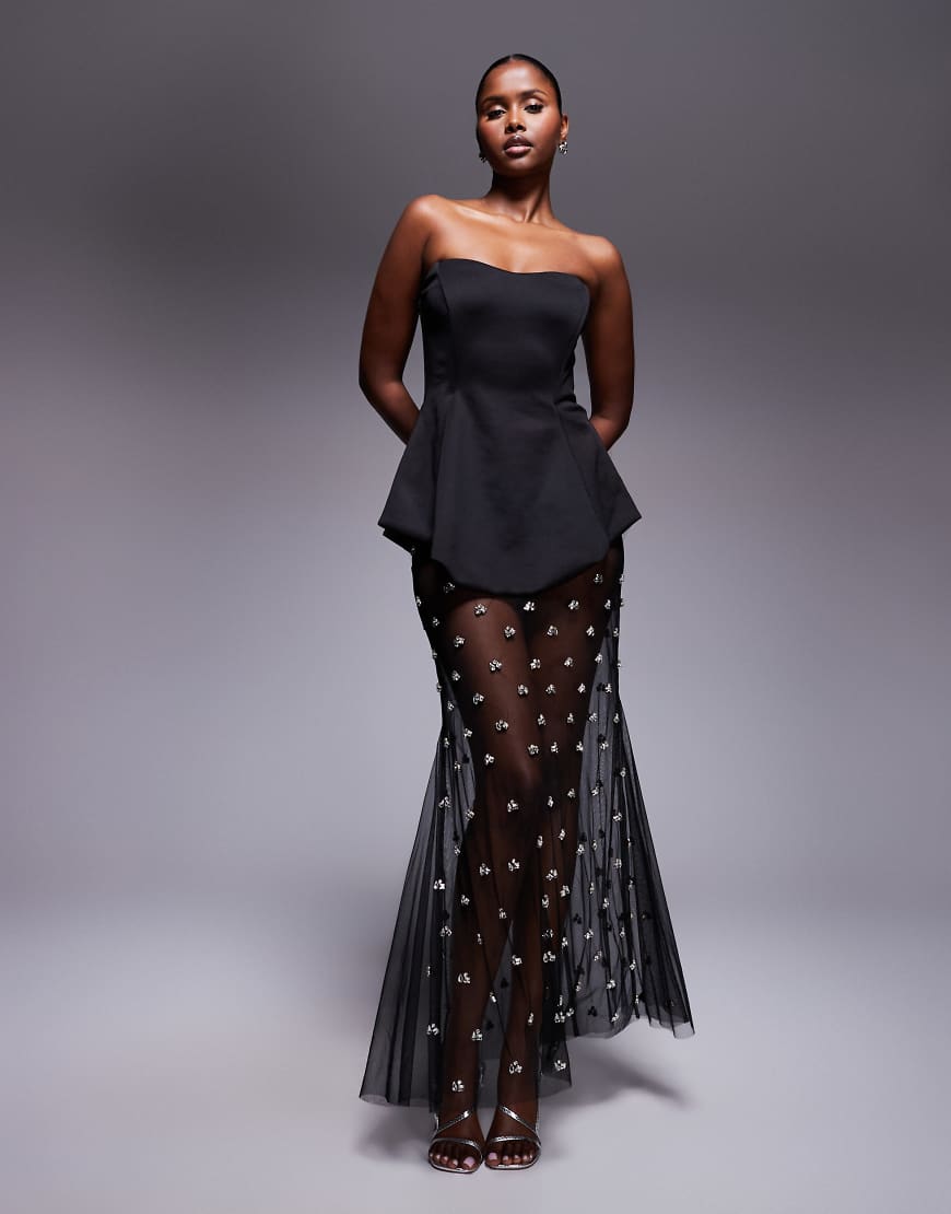 Premium moulded dress with embellished maxi skirt in black in scuba-style fabric