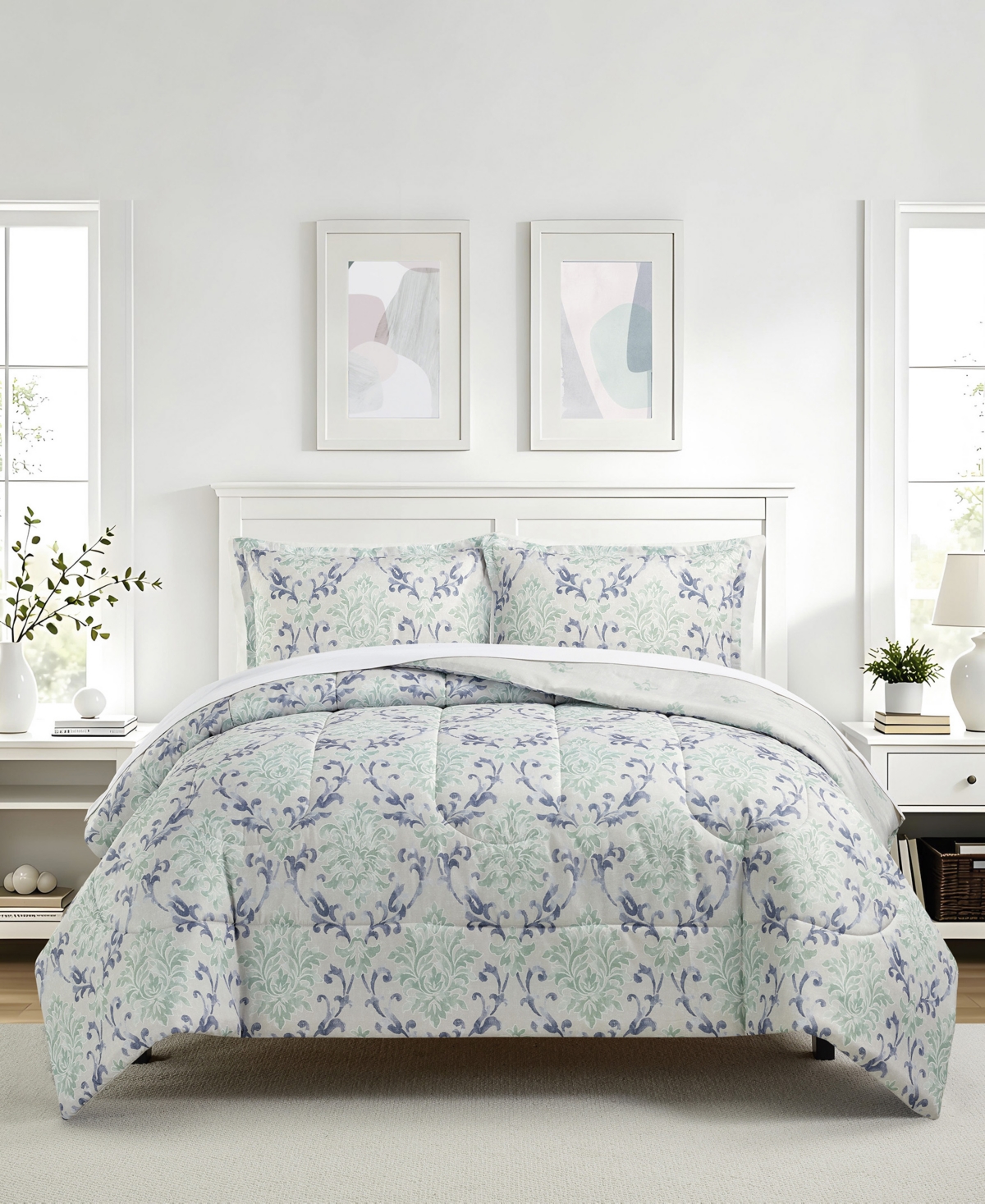 Painterly Damask Reversible Microfiber 3-piece Comforter Set - Blue/green