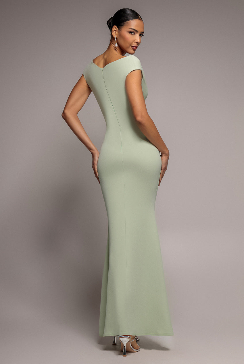 Goddiva Bardot Pleated Maxi Dress - Sage Green