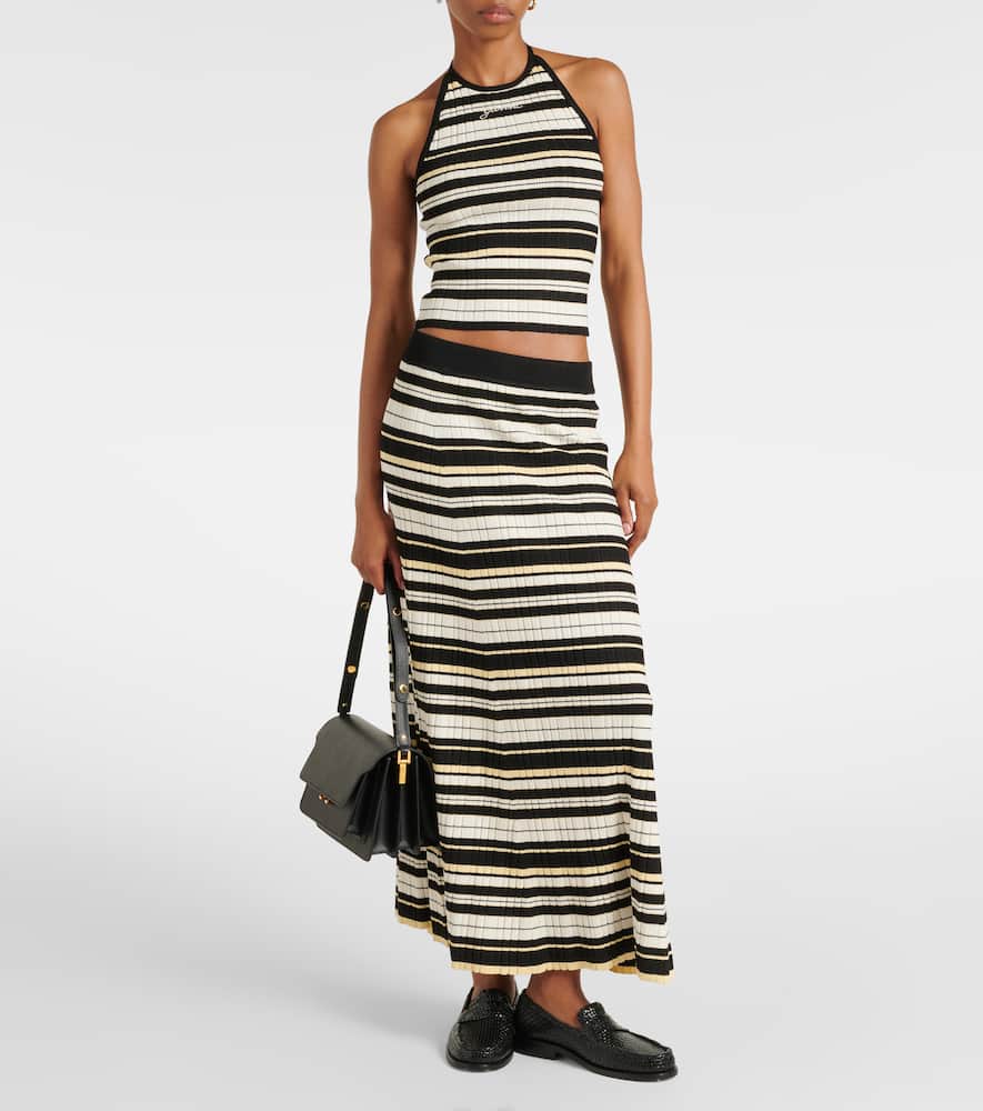 Ribbed-knit striped midi skirt
