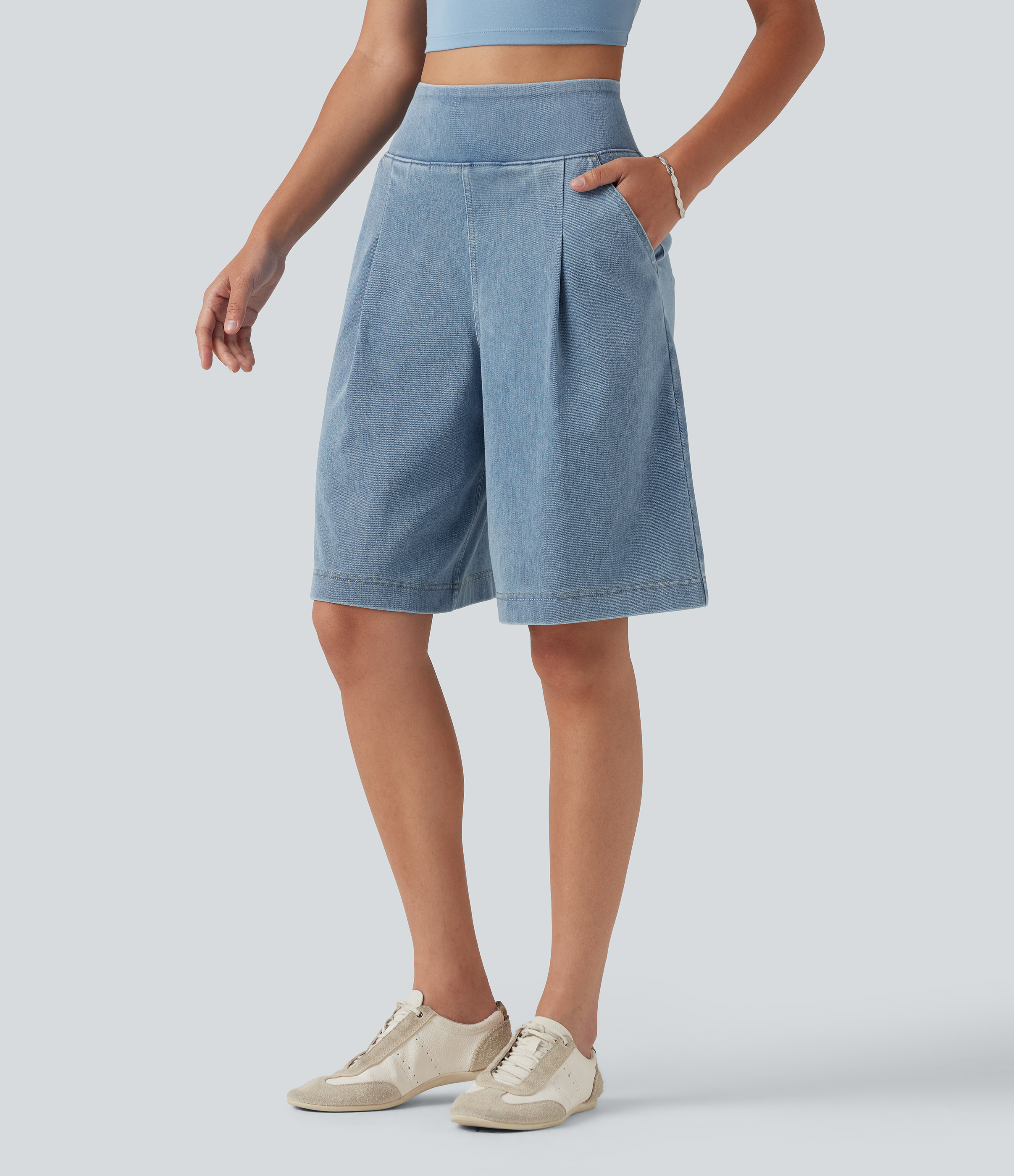 Flex™ High Waisted Denim Casual Baggy Bermuda Shorts 10'' with Pockets  - Powder Blue Denim
