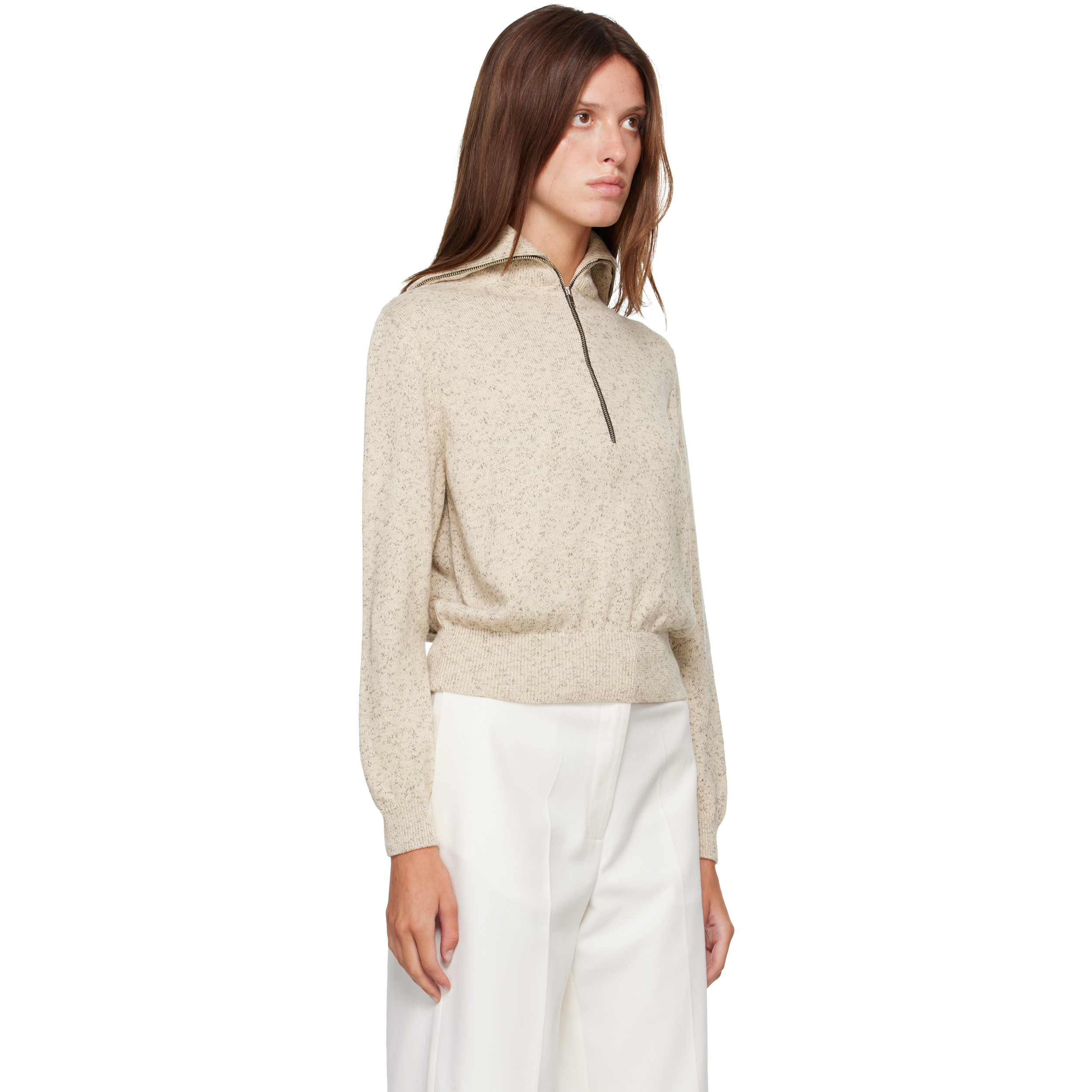 Off-White Flecked Cotton Zip-Up Sweater
