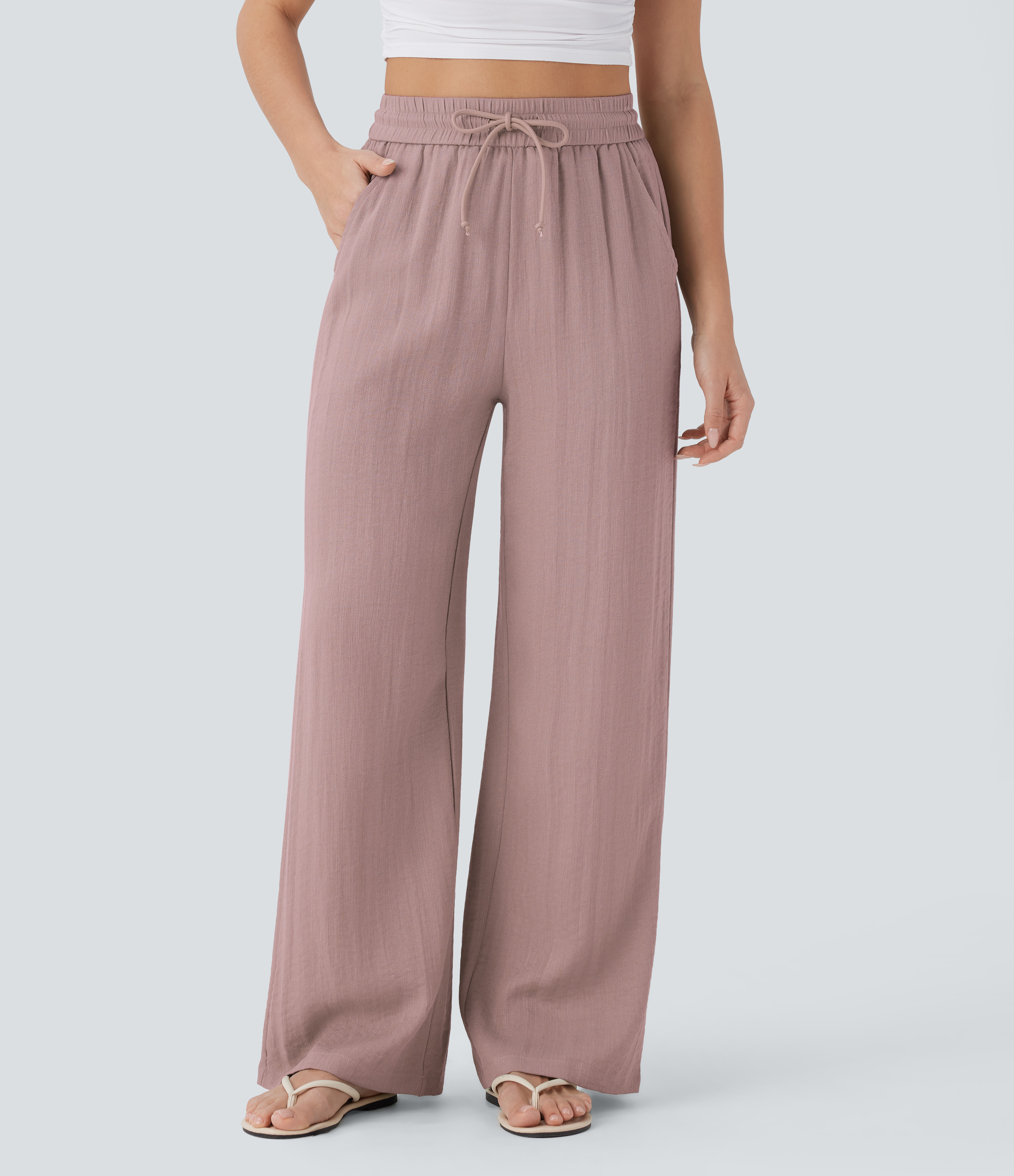 High Waisted Drawstring Pocket Wide Leg Baggy Casual Linen-Feel Pants  - Deauville Mauve