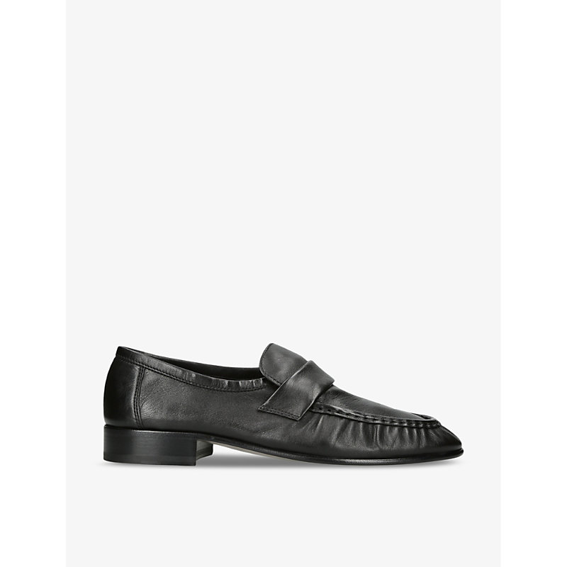 Womens Black Gathered Leather Loafers