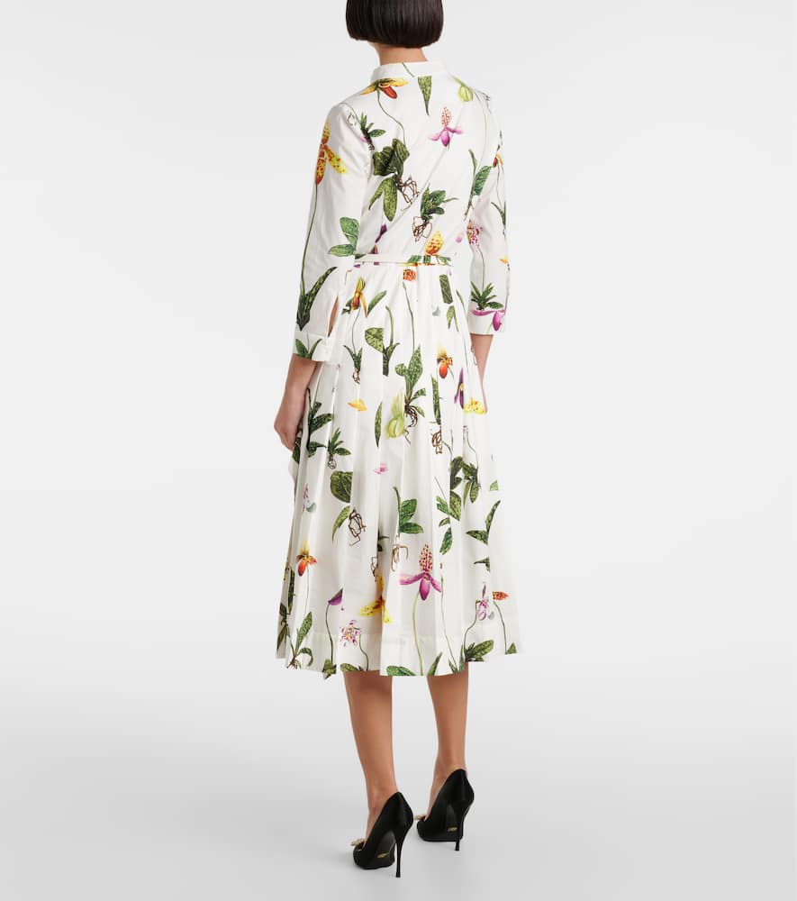 Floral pleated cotton-blend poplin midi dress