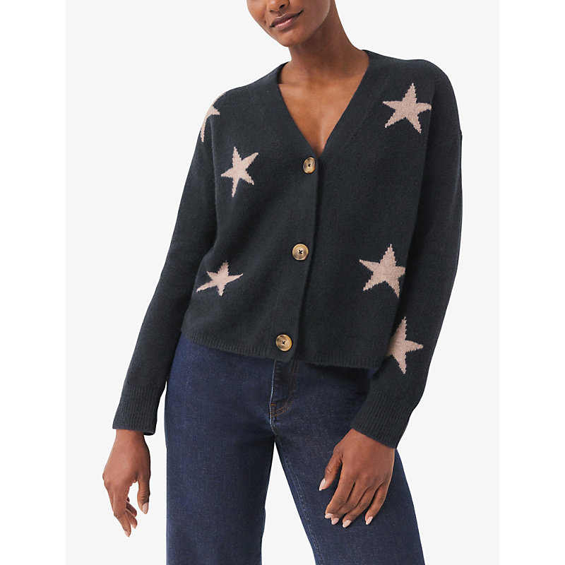 Womens Navy Star-intarsia Round-neck Organic Cotton-blend Knitted Cardigan 
