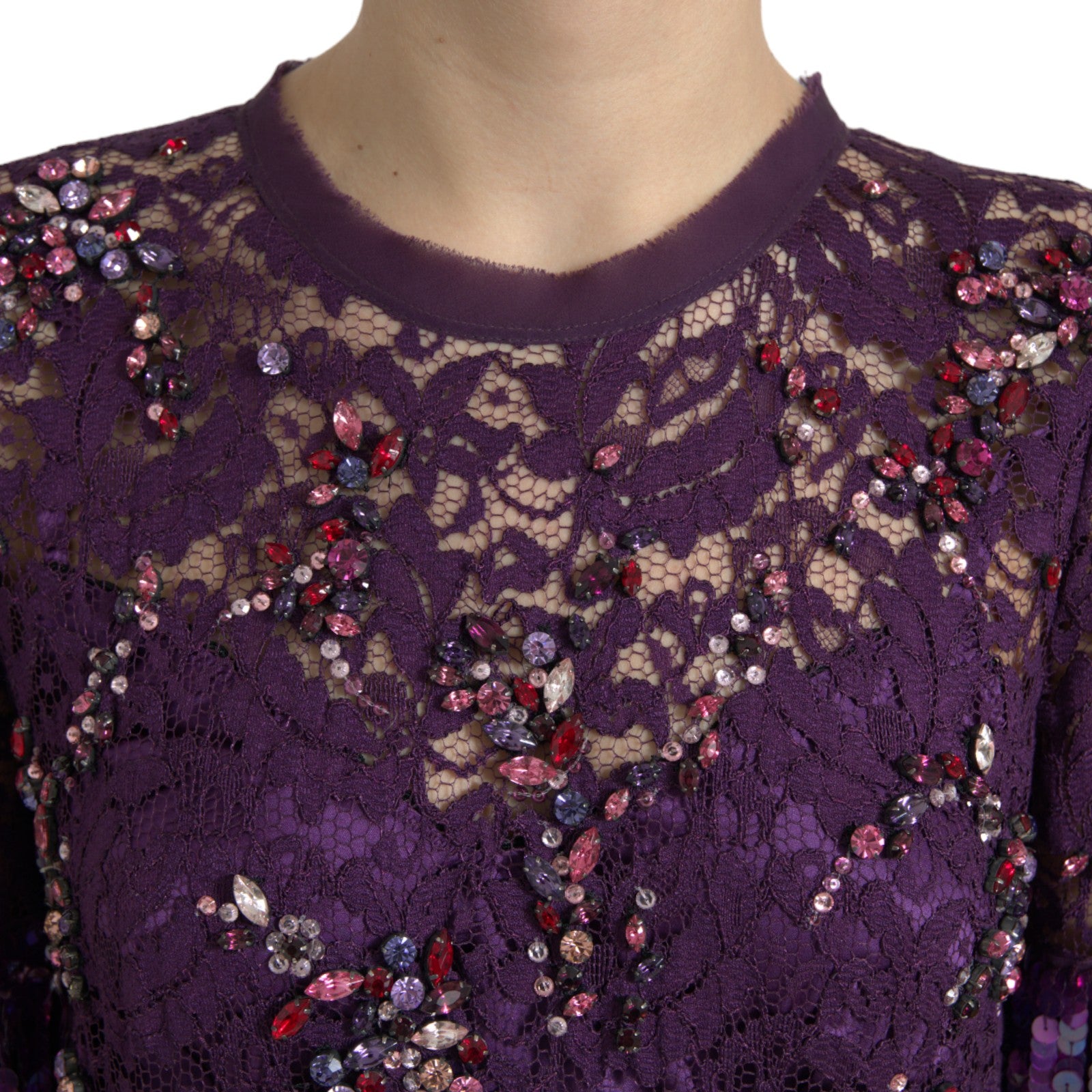 Floral Lace Crystal Embellished Dress — Purple