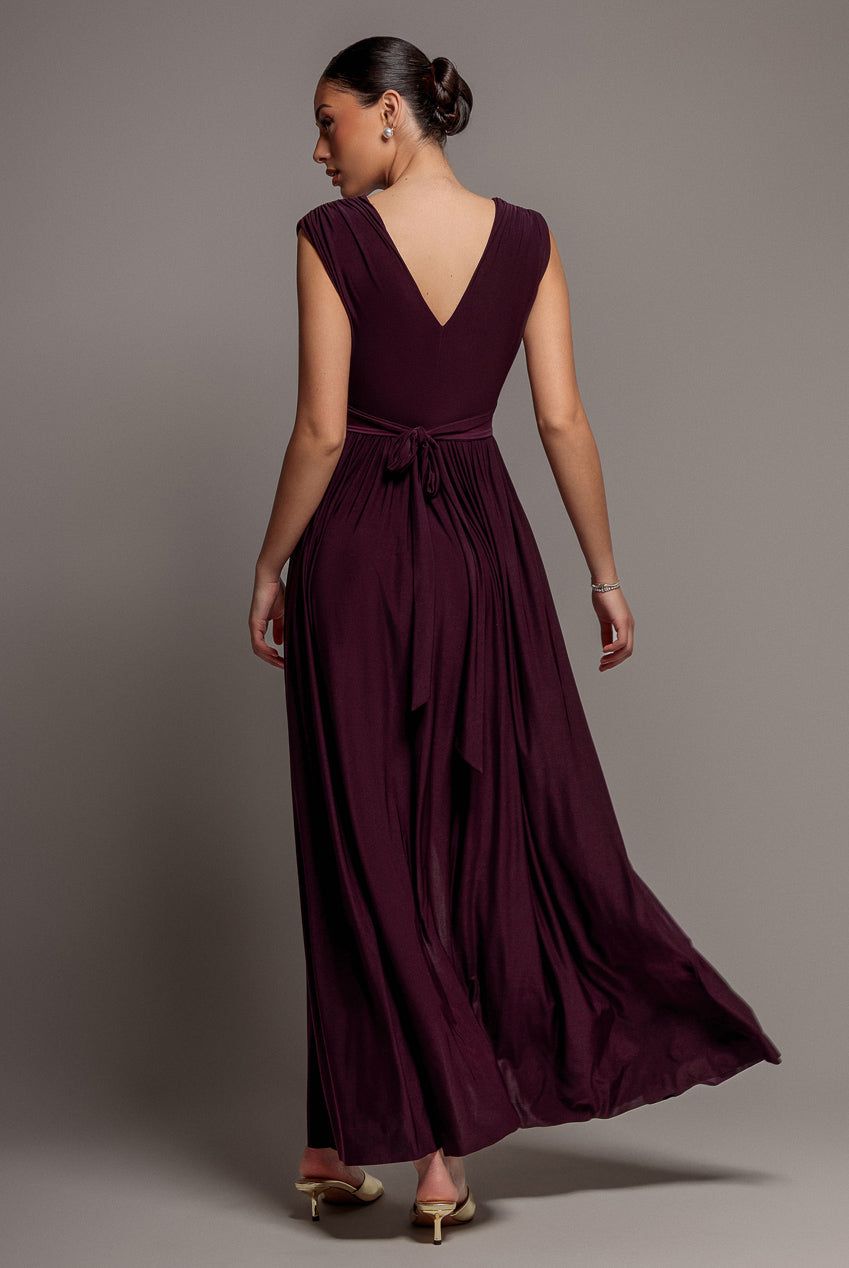 Goddiva Gathered Shoulder Wrap Neck Draped Waist Maxi Dress In Burgundy