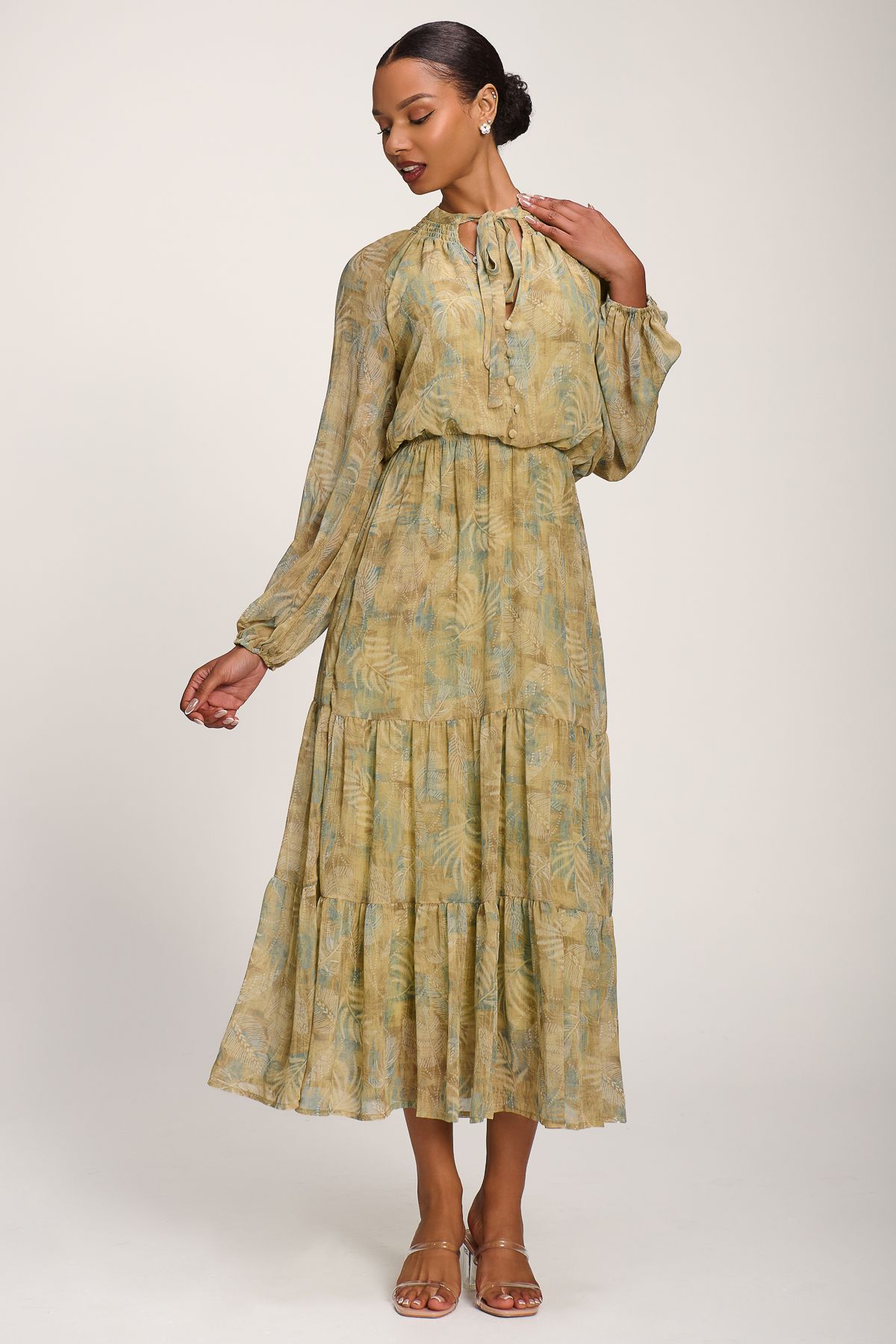 Jolie Moi Women's Chiffon Tie Neckline Maxi Dress in Olive