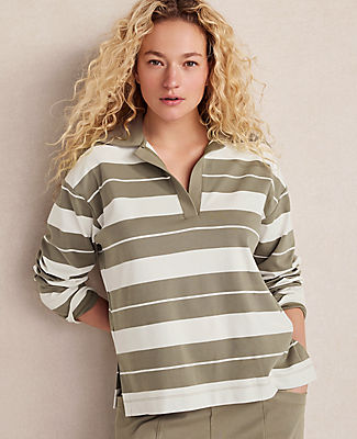Ann Taylor Haven Well Within Organic Cotton Interlock Stripe Johnny Collar Top