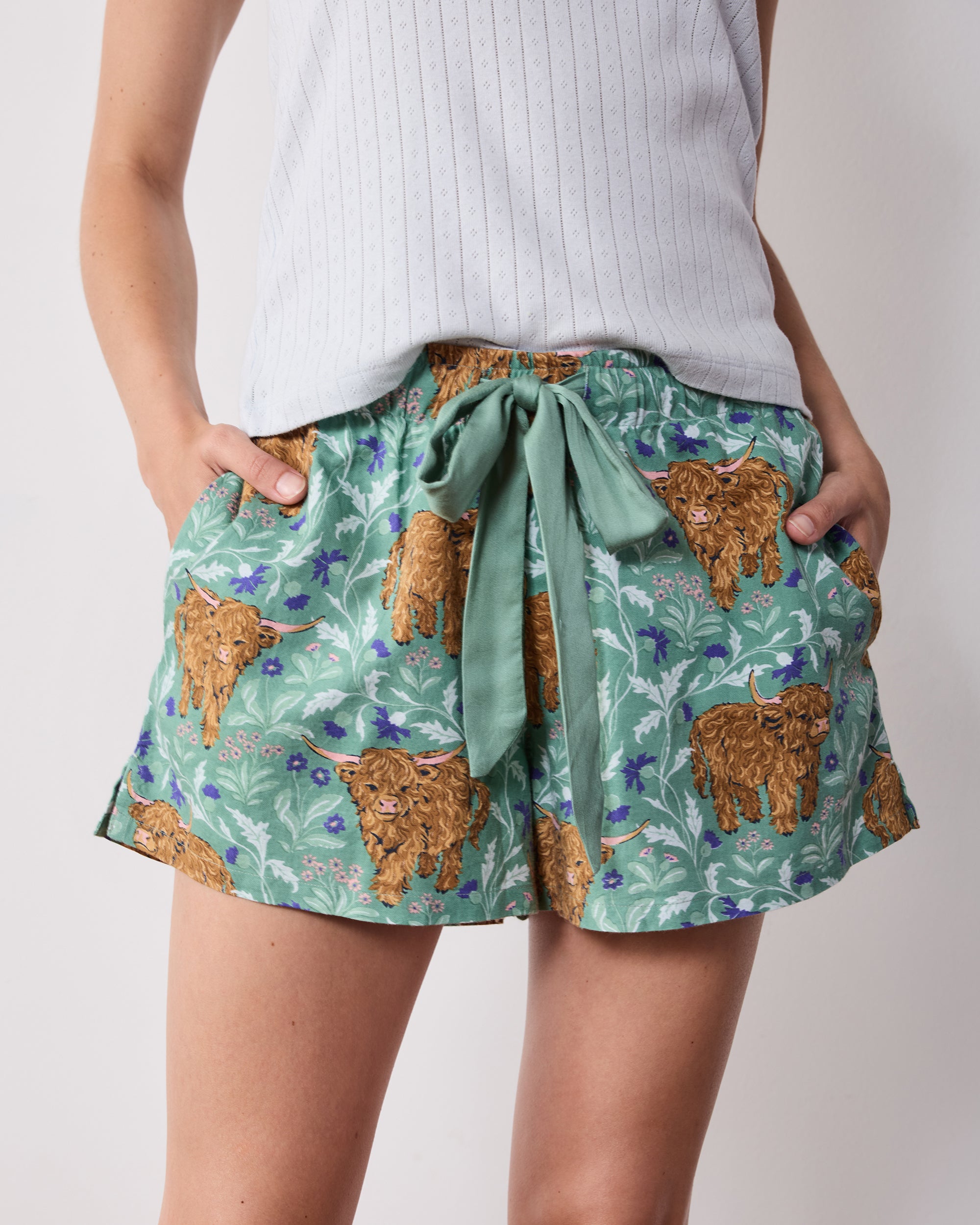 Organic Flannel Shorts in Highland Cows | Women's Plus 4X | Green