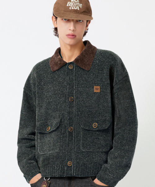 Leather Patchwork Velvet Cardigan Knit _ Khaki