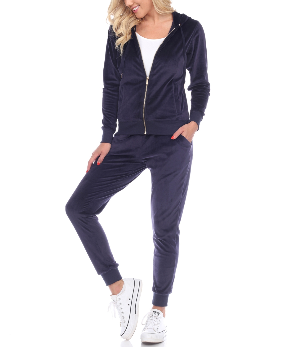 Women's Velour Tracksuit Loungewear 2pc Set - Navy