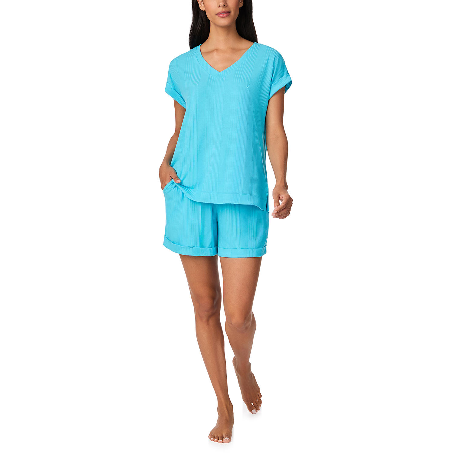 2-Piece Short Sleeve Top and Pant PJ Set:- Blue