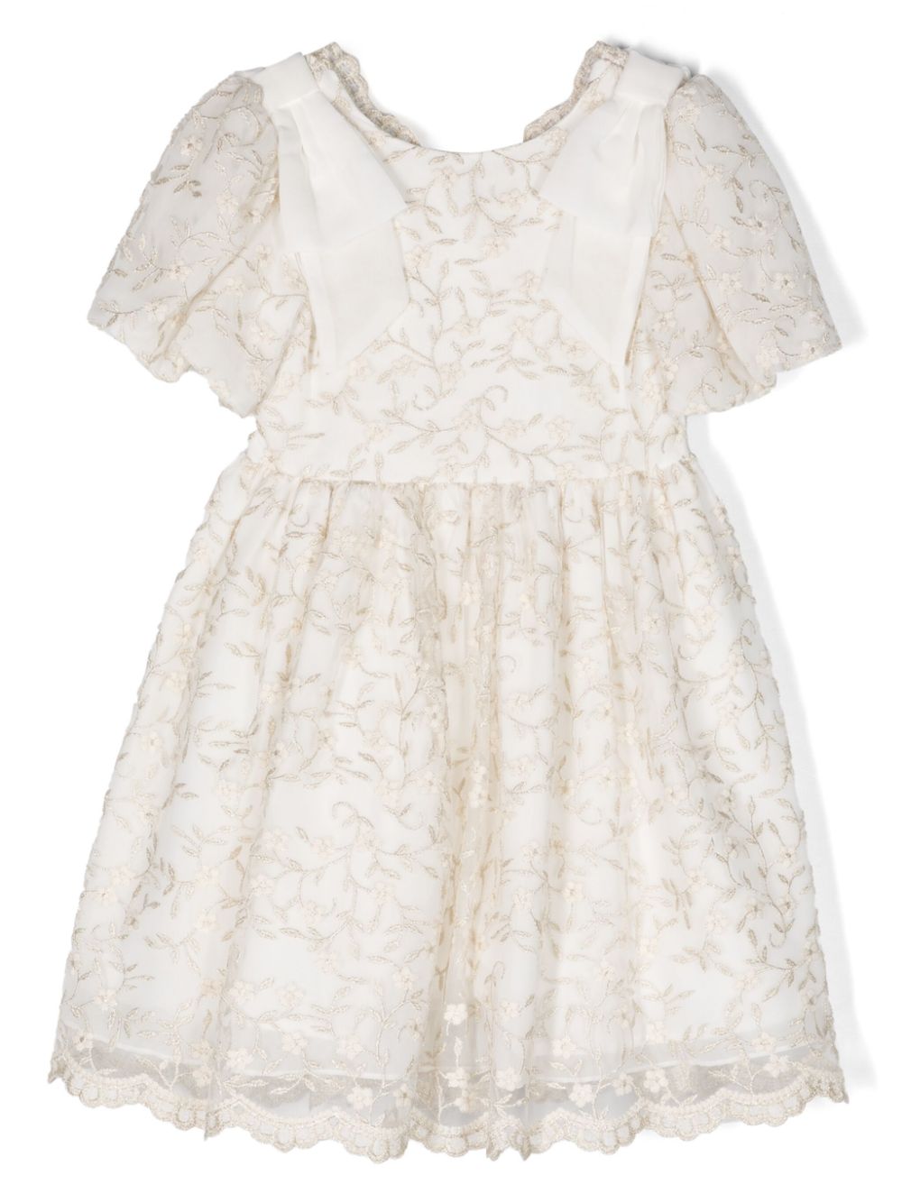 Floral-embroidered flared dress - White