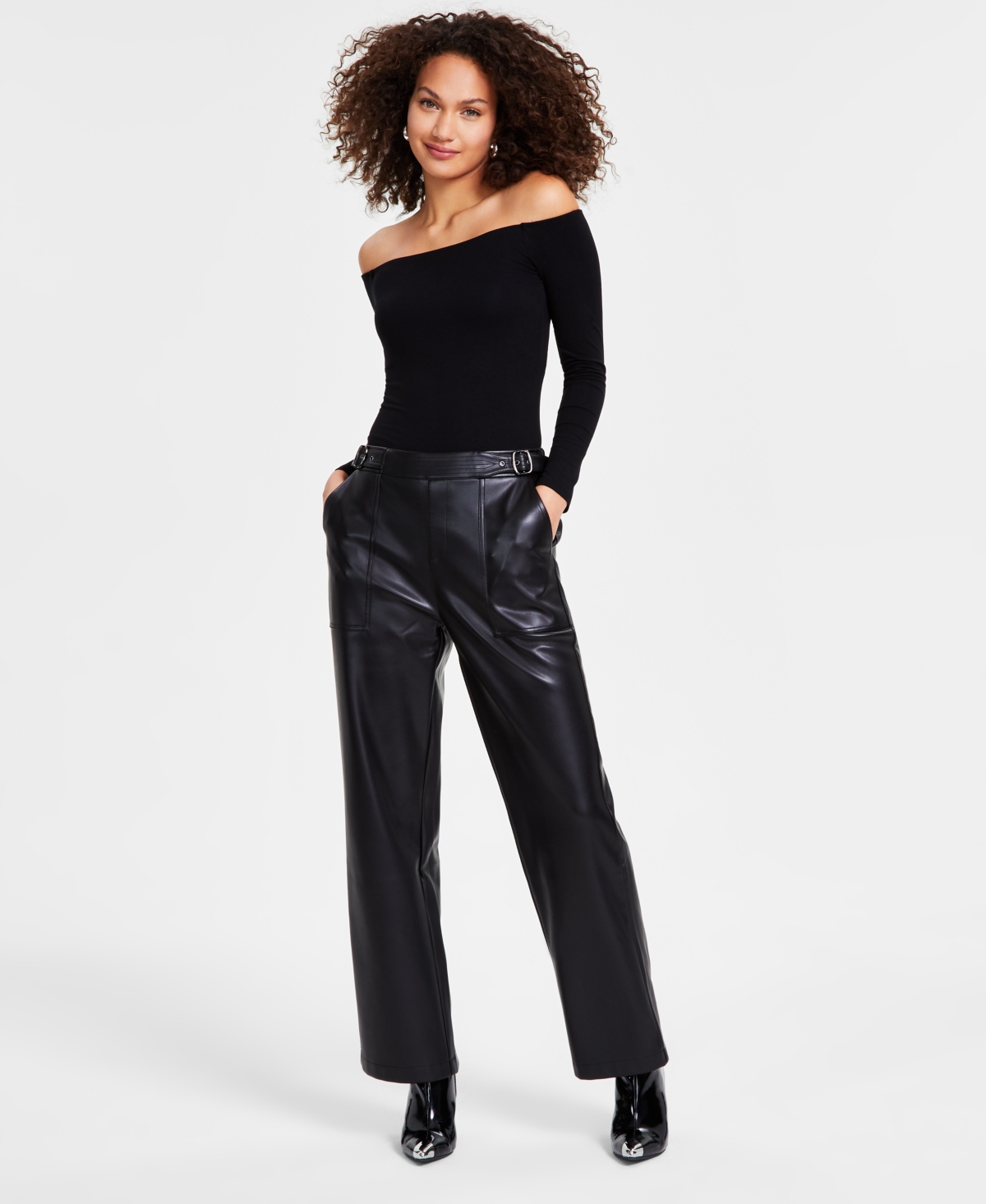 Women's Faux-Leather Belt-Waist Straight Pants, Created for Macy's - Deep Black