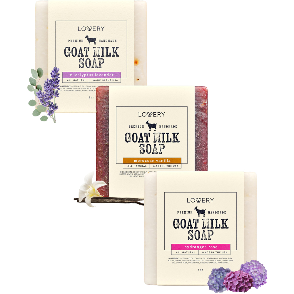 Handmade Goat Milk Soap Bars With Organic Shea Butter - Eucalyptus Lavender, Moroccan Vanilla, Hydrangea Rose
