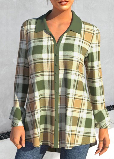 Modlily Plaid Turndown Collar Green Long Sleeve Blouse
