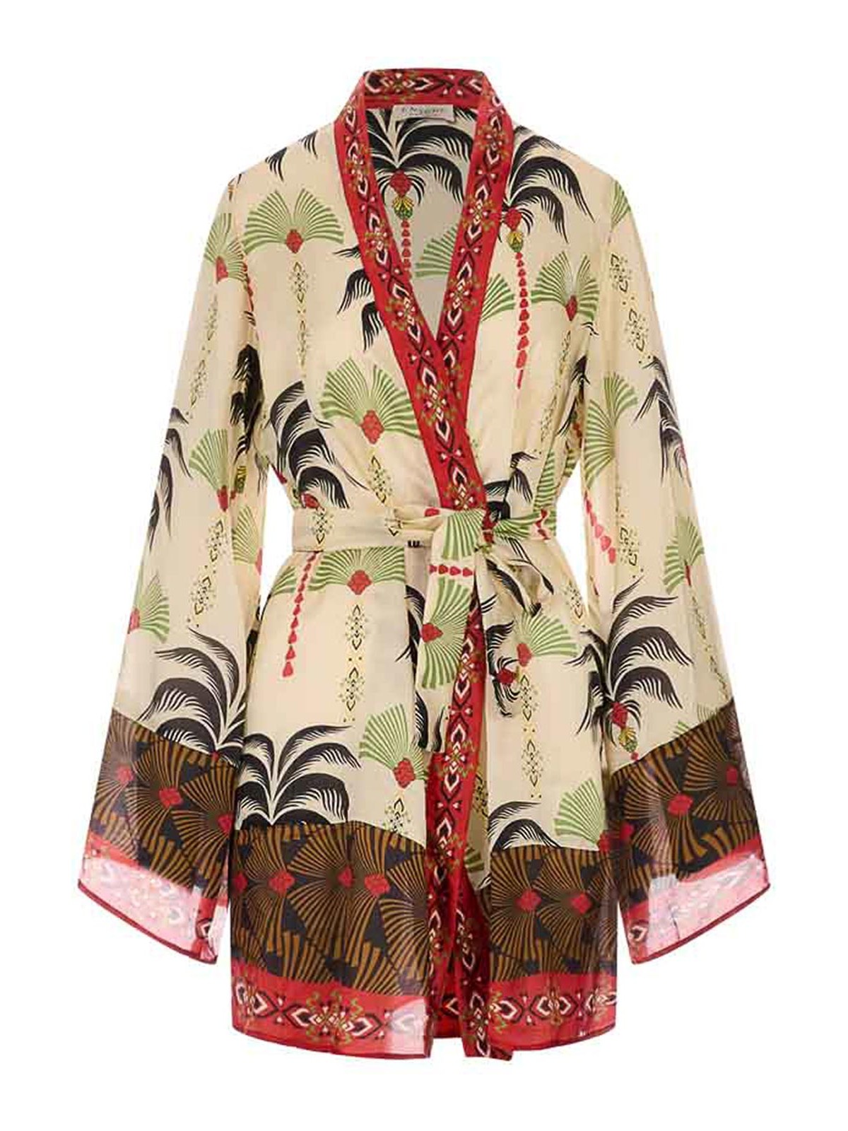 Short Kimono - Kaftan With Multicolor Motifs Silk And Cotton Women Beachwear - Women