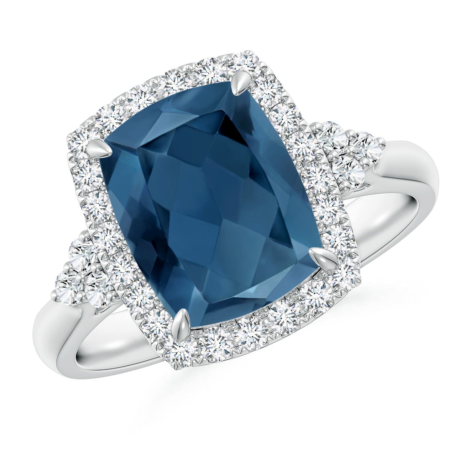 Angara 3.2 Carats Cushion London Blue Topaz Halo Ring with Trio Diamonds in Platinum